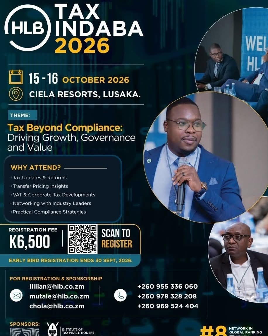 HLB Tax Indaba 2026 poster — Tax Beyond Compliance: Driving Growth, Governance and Value, 15 to 16 October 2026 at Ciela Resorts, Lusaka