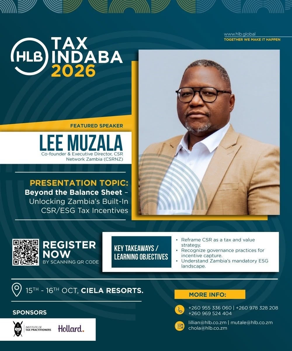 HLB Tax Indaba 2026 featured speaker Lee Muzala, Co-founder and Executive Director of CSR Network Zambia, presenting Beyond the Balance Sheet