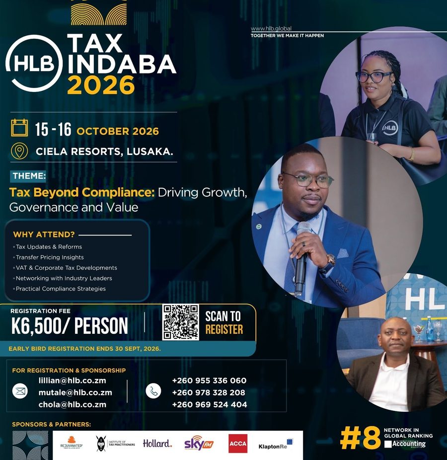 HLB Tax Indaba 2026 poster — 15 to 16 October 2026 at Ciela Resort, Lusaka, K6,500 per person